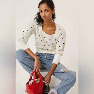 Anthropologie Maeve Embroidered Strawberry Puff Sleeve Knit Sweater Top
